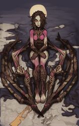  barefoot closed_mouth crossed_arms female freckles halo highres legs_together looking_at_viewer low_wings monster_girl mossacannibalis sarah_kerrigan sitting solo starcraft toenails toes wings yellow_eyes zerg_(starcraft) 