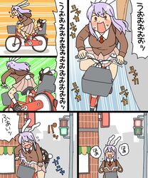  animal_ears bicycle bicycle_basket bicycle_seat brown_hair dress exercise ground_vehicle inaba_tewi koyama_shigeru necktie pedestrian_lights pink_dress pink_skirt purple_hair rabbit_ears rabbit_tail red_eyes reisen_udongein_inaba skirt sweatdrop tail touhou translated window 