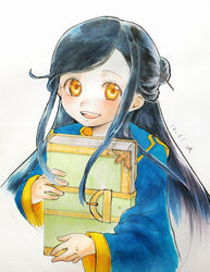  :d absurdres black_hair blush book book_strap dated female hair_bun hair_ornament hair_stick highres holding holding_book honzuki_no_gekokujou long_hair looking_at_viewer myne_(honzuki_no_gekokujou) ninyao open_mouth robe sidelocks simple_background single_hair_bun smile solo upper_body white_background wide_sleeves yellow_eyes 