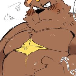  1:1 2020 anthro bear black_nose blush brown_body brown_fur fur humanoid_hands hyaku_(artist) japanese_text kemono low_res male mammal overweight overweight_anthro overweight_male simple_background solo text white_background 