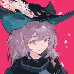  arknights blue_hat closed_mouth commentary female grey_eyes grey_hair grey_jacket hat hat_feather highres jacket long_hair looking_at_viewer pink_background portrait simple_background skadi_(arknights) smile solo zygocactus 