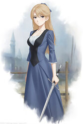  blonde_hair blue_dress breasts castle commentary_request dress feet_out_of_frame female formal grey_eyes hair_between_eyes highres holding holding_sword holding_weapon long_hair long_sword looking_to_the_side medium_breasts miura-n315 mole mole_under_eye original outdoors solo standing sword weapon 