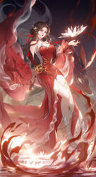  absurdres bare_legs black_background breasts brown_hair china_dress chinese_clothes cleavage_cutout clothing_cutout detached_sleeves dress facial_mark female floating flower forehead_mark full_body glowing highres huo_linger_(wanmei_shijie) large_breasts long_hair lotus parted_lips qi_xiao_ling_ying red_dress solo teeth wanmei_shijie water 