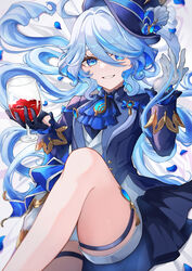  absurdres alcohol ascot asymmetrical_gloves black_gloves blue_ascot blue_brooch blue_gemstone blue_hair blue_hat blue_jacket blue_petals clenched_teeth colored_inner_hair cup drinking_glass drop-shaped_pupils female furina_(genshin_impact) gem genshin_impact gloves hands_up hat heterochromia highres holding holding_cup jacket knee_up light_blue_hair long_hair looking_at_viewer lying mismatched_gloves mismatched_pupils mugita_(mokankan) multicolored_hair on_back on_bed one_eye_covered open_mouth petals red_wine shorts sidelocks solo symbol-shaped_pupils teeth top_hat white_gloves white_shorts wine wine_glass 