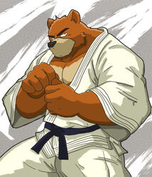  2023 5_fingers anthro bear black_bear black_nose brown_body brown_fur chest_markings clothing colored fingers fur hi_res juuichi_mikazuki keikogi male mammal markings martial_arts martial_arts_uniform moon_bear morenatsu multicolored_body multicolored_fur muscular muscular_anthro muscular_male solo sportswear tan_body tan_fur two_tone_body two_tone_fur ursine white_clothing yajyu 