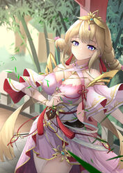  absurdres bare_shoulders blonde_hair blue_eyes breasts cleavage cleavage_cutout closed_mouth clothing_cutout cowboy_shot dai_mao_xuan_yi detached_sleeves dress feise_(tower_of_fantasy) female gold_trim headpiece highres large_breasts long_hair looking_at_viewer obi pink_dress sash smile solo star-shaped_pupils star_(symbol) symbol-shaped_pupils tower_of_fantasy underboob underboob_cutout very_long_hair 