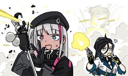  2girls :d anger_vein angry anyan_(jooho) beret black_hair black_headwear blue_eyes broken broken_screen candy cellphone colt_python commentary cracked_phone cracked_screen dark-skinned_female dark_skin desert_tech_mdr explosion firing flip_phone food girls&#039;_frontline gloves grey_hair gun handgun hat heterochromia jacket lollipop long_hair mdr_(girls&#039;_frontline) mole mole_under_eye multicolored_hair multiple_girls one_side_up open_mouth phone pink_eyes pink_hair python_(girls&#039;_frontline) revolver selfie selfie_stick smile streaked_hair sweat v weapon 