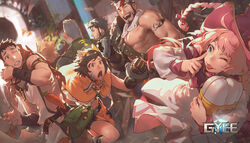  6+boys abs animal_ears arm_tattoo artist_request bara bare_pectorals beard blonde_hair brown_gloves cat_boy cat_ears cat_tail character_request chest_hair facial_hair female gloves group_picture gyee headband highres kitty_(gyee) large_pectorals laughing male_focus master_(gyee) mature_male multiple_boys muscular muscular_male navel nipples official_art official_wallpaper otoko_no_ko pectorals pink_hair short_hair sig_(gyee) stomach sweat tail tattoo tongue tongue_out towel towel_around_neck twintails yaen_(gyee) 