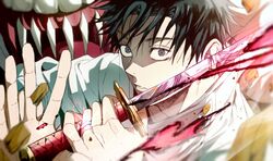  2boys aura black_eyes black_hair cursed_energy ear_piercing fighting_stance getou_suguru highres holding holding_sword holding_weapon jacket jewelry jujutsu_kaisen katana looking_at_viewer male_focus monster multiple_boys okkotsu_yuuta open_mouth orimoto_rika parted_lips piercing portrait reflection ring short_hair smile sword teeth weapon white_jacket yoon_(dmsco1803) 