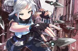  animification closed_mouth eyebrows female gloves grey_eyes grey_hair hair_ornament jett_(valorant) jitome knife kunai phibonnachee shuriken signature solo throwing town valorant weapon white_eyes white_hair wing_knife 