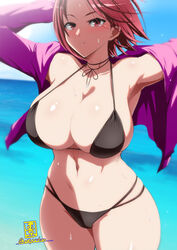  beach bikini black_bikini breasts brown_eyes brown_hair cowboy_shot curvy female highres large_breasts looking_at_viewer okyou open_clothes open_shirt outdoors purple_shirt shirt short_hair signature swimsuit the_king_of_fighters whip_(kof) 