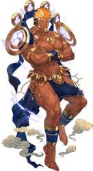  1boy abs ass bad_source bara bare_pectorals barefoot blonde_hair brown_hair bulge cloth crossed_arms dark-skinned_male dark_skin facial_hair floating floating_object full_body goatee gyee highres large_pectorals lightning_bolt_symbol loincloth long_sideburns magatama male_focus mature_male muscular muscular_male navel nikism nipples official_art orange_eyes orange_hair pectorals pelvic_curtain pointy_ears raikoh_(paradiso_guardian) revealing_clothes short_hair sideburns solo stomach tachi-e thick_thighs thighs transparent_background 