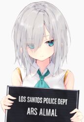  aqua_eyes ars_almal ars_almal_(1st_costume) bare_shoulders closed_mouth collared_shirt eyes_visible_through_hair female frown gold_trim grand_theft_auto grey_hair hair_over_one_eye highres holding long_hair looking_at_viewer medium_hair necktie nijisanji poster_(object) shirt sidelocks simple_background sleeveless sleeveless_shirt solo t-bth upper_body virtual_youtuber white_background white_shirt 