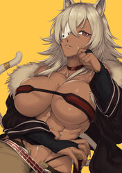  abs absurdres ahoge animal_ear_fluff animal_ears arm_under_breasts bandeau bare_shoulders black_jacket black_panties breasts bridal_gauntlets cat_ears cat_tail choker cleavage collarbone commentary cowboy_shot dark-skinned_female dark_skin eyebrows_hidden_by_hair eyepatch female fingernails fur-trimmed_jacket fur_trim ghislaine_dedoldia green_pants grey_hair groin hair_between_eyes hand_on_own_cheek hand_on_own_face highleg highleg_panties highres jacket large_breasts long_fingernails long_hair long_sleeves looking_at_viewer midriff muscular muscular_female mushoku_tensei navel obliques off_shoulder one-eyed open_clothes open_fly panties pants parted_lips red_choker red_eyes scar scar_on_cheek scar_on_face scar_on_stomach sheath sheathed shiro_fujiko sidelocks simple_background solo strapless sword tail underboob underwear weapon yellow_background 