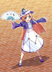  akikawa_yayoi_(umamusume) animal_on_head ascot blue_eyes blue_flower blue_footwear blue_jacket blue_rose blue_shirt blunt_bangs bucket_hat cropped_jacket feline female flower folding_fan full_body hand_fan hand_fan_writing hat hat_flower high-waist_skirt highres holding holding_fan jacket jakasu long_hair long_sleeves looking_at_viewer mary_janes multicolored_hair oerba_yun_fang on_head open_mouth orange_hair outdoors outstretched_arms rose shadow shirt shirt_tucked_in shoes skin_fang skirt smile socks solo sparkle spread_arms standing streaked_hair umamusume white_hat white_skirt 