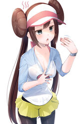  black_pantyhose blue_eyes blush bow bracelet breasts brown_hair cleavage cleavage_reach clothes_pull collarbone commentary_request cowboy_shot double_bun duplicate fanning_face fanning_self female green_skirt grey_eyes hair_bun hat highres hot jewelry long_hair long_sleeves looking_away medium_breasts meth_(emethmeth) open_mouth pantyhose pantyhose_under_shorts pink_bow pixel-perfect_duplicate pokemon pokemon_bw2 raglan_sleeves rosa_(pokemon) see-through shirt_pull short_shorts shorts sidelocks simple_background skirt solo sweat twintails very_long_hair visor_cap watch white_background white_hat yellow_shorts yellow_skirt 