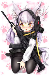  absurdres ak-alfa ak-alfa_(cat_snatcher_beneath_the_stars)_(girls&#039;_frontline) ak-alfa_(girls&#039;_frontline) animal_ears black_pantyhose blush commentary_request ebiko_yaki fangs female gas_mask girls&#039;_frontline grey_hair gun highres long_hair long_sleeves looking_at_viewer mask mask_on_head open_mouth pantyhose rifle simple_background sitting solo wariza weapon yellow_eyes 