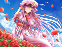  arm_up blue_bow blue_ribbon blue_sky bow bowtie closed_eyes cloud commentary_request crescent crescent_hat_ornament crescent_pin dress female flower garden hairbow hat hat_ornament hat_ribbon long_hair mob_cap mountainous_horizon patchouli_knowledge petals pink_dress purple_hair ram_hachimin red_bow red_bowtie red_ribbon ribbon rose rose_petals sky smile solo striped_clothes striped_dress touhou very_long_hair wide_sleeves 