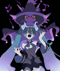  absurdres angry aqua_hair bare_shoulders beamed_eighth_notes black_skirt black_sleeves colored_sclera commentary detached_sleeves eighth_note female ghost_miku_(project_voltage) glitch gradient_hair grey_shirt hair_between_eyes hands_up hat hatsune_miku highres long_hair looking_at_viewer mirai_(3ra1_373) mismagius multicolored_hair music musical_note necktie open_mouth pale_skin pokemon pokemon_(creature) project_voltage purple_headwear quarter_note red_eyes see-through see-through_skirt shaded_face shirt singing skirt smile twintails v-shaped_eyebrows very_long_hair vocaloid white_hair white_necktie wide_sleeves will-o&#039;-the-wisp_(mythology) witch_hat yellow_eyes yellow_sclera 