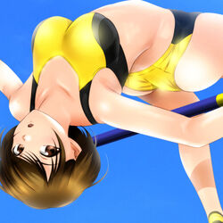  arched_back blue_sky breasts brown_eyes brown_hair buruma clear_sky female high_jump jumping looking_at_viewer looking_back medium_breasts open_mouth original outdoors short_hair sky socks solo sports_bikini sports_bra track_and_field yadokari_genpachirou yellow_buruma yellow_socks yellow_sports_bra yudate_haruka 