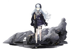  absurdres amamizu_shizuku assault_rifle bag bike_shorts black_coat black_footwear black_ribbon black_shorts blue_dress blue_headwear boots closed_mouth coat dress facial_mark female full_body german_flag girls&#039;_frontline gloves green_eyes grenade_launcher grey_hair gun h&amp;k_hk269 h&amp;k_hk416 hair_ribbon headphones highres hk416_(girls&#039;_frontline) hk416_(mod3)_(girls&#039;_frontline) holding holding_gun holding_weapon id_card long_hair long_sleeves looking_at_viewer open_clothes open_coat ribbon rifle serious shoes short_dress shorts simple_background smoke solo standing teardrop_tattoo weapon white_gloves 