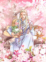  2boys :d antenna_hair blonde_hair blue_eyes blush cherry_blossoms closed_eyes cup dango dated elf father_and_son food highres jewelry kazuki-mendou legolas lolicon long_hair long_sleeves male_focus multiple_boys otoko_no_ko pointy_ears ring robe signature sitting smile teacup teapot the_silmarillion thranduil tolkien&#039;s_legendarium tree wagashi 