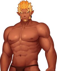  1boy abs artist_request bad_source bara bikini_briefs blonde_hair brown_hair brown_male_underwear bulge cowboy_shot dark-skinned_male dark_skin facial_hair frown game_cg goatee groin gyee large_pectorals long_sideburns looking_at_viewer male_focus male_underwear mature_male muscular muscular_male navel nipples official_art orange_eyes orange_hair pectorals pointy_ears raikoh_(paradiso_guardian) short_hair sideburns solo stomach tachi-e thick_eyebrows thighs topless_male transparent_background underwear underwear_only 