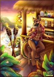  alcohol aloha_shirt anthro bar beach beverage blue_eyes canid canine canis clothed clothing cocktail cocktail_glass container cup domestic_dog drinking_glass food fruit furniture german_shepherd glass glass_container glass_cup herding_dog male mammal martini olive_(fruit) open_clothing open_shirt open_topwear pastoral_dog pattern_clothing pattern_shirt pattern_topwear plant seaside shirt solo speedo stool swimwear tiki tiki_bar tiki_torch topwear toxi_de_vyne_(artist) 