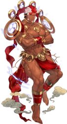  1boy abs alternate_hair_color ass bad_source bara bare_pectorals barefoot blonde_hair brown_hair bulge cloth crossed_arms dark-skinned_male dark_skin facial_hair floating floating_object full_body goatee gyee highres large_pectorals lightning_bolt_symbol loincloth long_sideburns magatama male_focus mature_male muscular muscular_male navel nikism nipples official_alternate_costume official_art orange_eyes pectorals pelvic_curtain pointy_ears raikoh_(paradiso_guardian) red_hair revealing_clothes short_hair sideburns solo stomach tachi-e thick_thighs thighs transparent_background 