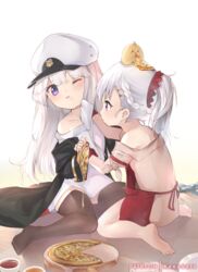  2girls aged_down apron azur_lane bare_shoulders barefoot belfast_(azur_lane) belfast_(azur_lane)_(cosplay) belfast_(piping-hot_perfection)_(azur_lane) black_coat braid coat commentary cosplay enterprise_(azur_lane) food french_braid grey_hair hat little_bel_(azur_lane) long_hair manjuu_(azur_lane) md5_mismatch military_hat mujinbensin multiple_girls off-shoulder_shirt off_shoulder one_eye_closed open_clothes open_coat patreon_logo patreon_username peaked_cap pizza purple_eyes red_apron red_scrunchie scrunchie shirt thighhighs white_background white_hair white_shirt 