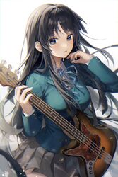  absurdres aibek akiyama_mio bass_guitar black_hair blue_eyes blue_jacket blue_ribbon breasts female fender_jazz_bass floating_hair grey_skirt highres holding holding_instrument instrument jacket k-on! large_breasts looking_at_viewer neck_ribbon open_mouth pleated_skirt ribbon sakuragaoka_high_school_uniform school_uniform skirt solo winter_uniform 