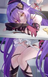  2girls absurdres crying crying_with_eyes_open gloves hair_between_eyes highres honkai_(series) honkai_impact_3rd indoors legs long_hair multiple_girls nagonako one_eye_closed parted_lips pink_gloves purple_hair ribbon sirin sirin_(miracle_magical_girl) sitting solo_focus standing tears theresa_apocalypse theresa_apocalypse_(sakuno_rondo) white_gloves yellow_eyes yellow_ribbon 