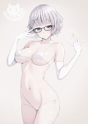  asami_asami bare_shoulders bikini blue_eyes blush breasts choker cleavage collarbone cowboy_shot elbow_gloves fate/grand_order fate_(series) female glasses gloves grey_hair highres jacques_de_molay_(foreigner)_(fate) large_breasts looking_at_viewer navel open_mouth short_hair solo swimsuit thighs white_bikini white_gloves 