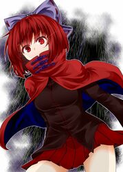  bad_id bad_pixiv_id black_shirt blue_bow blush bow cape cloak female hairbow high_collar long_sleeves looking_at_viewer miniskirt red_cape red_cloak red_eyes red_hair red_skirt sekibanki serious shirt short_hair skirt solo touhou zetsumame 