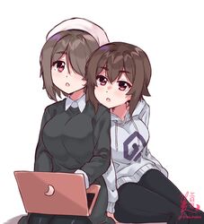  2girls black_dress brown_hair computer dress face-to-face hair_over_one_eye hat highres hood hoodie hoshinomiya_haruna hoshinomiya_nayuki kimi_tsuru laptop multiple_girls original red_eyes short_hair sitting 