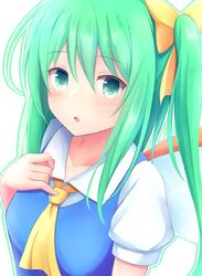  :o aqua_eyes arm_up ascot blue_dress breasts commentary_request daiyousei dress female green_hair hair_between_eyes hair_ribbon hand_on_own_chest highres light_blush looking_at_viewer medium_hair natsu_(927013) one_side_up open_mouth outline pinafore_dress puffy_short_sleeves puffy_sleeves ribbon shirt short_sleeves simple_background sleeveless sleeveless_dress small_breasts solo standing touhou upper_body white_background white_shirt wings yellow_ascot 