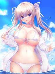  absurdres bikini blue_eyes blue_sky blush breasts brown_hair cleavage cloud collarbone cowboy_shot day female flower hair_flower hair_ornament hair_ribbon hairclip highres jacket large_breasts long_hair long_sleeves looking_at_viewer micro_bikini navel open_mouth original ribbon school_uniform shitou_kazuaki sky smile solo standing stomach swimsuit underboob wading water_drop white_bikini white_jacket wide_hips 