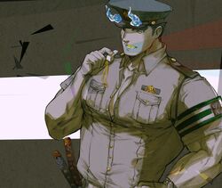  1boy alternate_pectoral_size bad_id bad_twitter_id bara blue_fire brown_theme fiery_horns fire hair_slicked_back hat horns katana large_pectorals male_focus muscular muscular_male official_alternate_costume pectoral_cleavage pectorals pmlial police police_hat police_uniform policeman sakimori_toji short_hair sideburns solo sword tokyo_afterschool_summoners uniform upper_body weapon whistle 