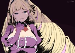  blonde_hair blue_eyes blunt_bangs blush breasts cleavage dated_commentary deep_web_underground dress drill_hair female hairband hand_on_own_cheek hand_on_own_face heart kichihachi large_breasts lolita_hairband long_hair long_sleeves looking_at_viewer puffy_sleeves shinsougumi smile solo twin_drills very_long_hair virtual_youtuber 