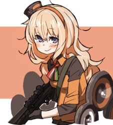  amonitto blonde_hair blue_eyes blush commentary_request fabarm_sat-8 female girls&#039;_frontline gloves gun hairband italian_flag_print long_hair looking_at_viewer messy_hair neck_ribbon orange_hairband print_ribbon ribbon s.a.t.8_(girls&#039;_frontline) shield shield_module shotgun smile solo very_long_hair weapon 