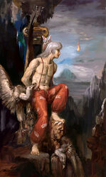  1boy amibazh baggy_pants bird chained chains faux_traditional_media fine_art_parody fireball fujiwara_no_mokou genderswap_(ftm) landscape male_focus medium_hair muscular muscular_male no_shirt ofuda ofuda_on_clothes pants parody pectorals pillar prometheus_(mythology) red_eyes red_pants rule_63 sidelocks solo suspenders texture touhou valley vulture white_hair 