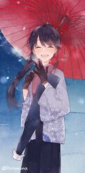  black_gloves black_hair black_hakama black_umbrella breath closed_eyes commentary_request cowboy_shot female gloves hakama hakama_skirt haori houshou_(kancolle) japanese_clothes kantai_collection karomura kimono looking_at_viewer oil-paper_umbrella open_mouth pink_kimono ponytail red_umbrella skirt snow solo twitter_username umbrella 