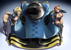  2girls akame_ga_kill! ass aston_martin aston_martin_valkyrie_amr_pro bare_hips bent_over black_leotard blonde_hair boots breasts brown_eyes car chelsea_(akame_ga_kill!) cleavage hairband hanging_breasts high_heels highres huge_breasts large_breasts leaning_on_object leone_(akame_ga_kill!) leotard long_hair motor_vehicle multiple_girls orange_hair packge race_queen race_vehicle revealing_clothes short_hair sports_car swept_bangs thigh_boots thighhighs vehicle_focus yellow_eyes 