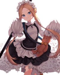  abigail_williams_(fate) abigail_williams_(festival_outfit)_(fate) black_skirt blonde_hair blue_eyes blush breasts decora_(decopining) dress fate/grand_order fate_(series) female forehead highres long_hair long_sleeves looking_at_viewer maid octopus official_alternate_costume parted_bangs sidelocks skirt small_breasts smile solo stuffed_animal stuffed_toy teddy_bear white_dress 