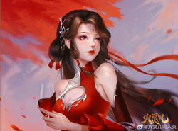  alcohol artist_request breasts brown_hair cleavage_cutout clothing_cutout cup dress facial_mark falling_petals female forehead_mark hair_ornament hair_rings holding holding_cup huo_linger_(wanmei_shijie) long_hair looking_to_the_side medium_breasts outdoors parted_lips petals red_dress red_eyes red_wine second-party_source sky solo upper_body wanmei_shijie wine 