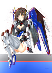  black_gloves black_hair blush boots breasts cleavage cleavage_cutout clothing_cutout female freedom_gundam gloves gundam gundam_seed highres humanization i.takashi looking_at_viewer making-of_available mecha_musume mechanical_wings navel open_hand sitting smile solo stomach_cutout thigh_boots thighhighs wings yellow_eyes 