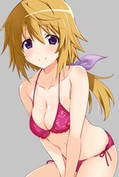  bare_arms bare_shoulders bikini blonde_hair blush body_blush breasts charlotte_dunois collarbone female grey_background hair_ribbon infinite_stratos iwashi_dorobou_-r- looking_at_viewer medium_breasts medium_hair navel pink_bikini purple_eyes ribbon side-tie_bikini_bottom simple_background smile solo swimsuit 