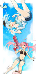  2girls :d absurdres armlet armpits bare_legs bikini bikini_top_only bikini_under_clothes black_bikini black_bow black_nails blue_bikini blue_eyes blue_hair blue_shorts bow breasts cleavage cleavage_cutout clothing_cutout collarbone d; denim denim_shorts floating_hair gun hairbow handgun highres holding holding_gun holding_weapon jacket jewelry long_hair midriff milim_nava multiple_girls nail_polish navel one_eye_closed open_clothes open_jacket open_mouth pendant pink_hair polka_dot polka_dot_jacket ponytail rimuru_tempest short_shorts shorts sleeveless sleeveless_jacket small_breasts smile spaghetti_strap splashing stomach swimsuit tensei_shitara_slime_datta_ken toenail_polish toenails twintails v-shaped_eyebrows very_long_hair wata_miya_(shiro_momen) weapon white_jacket 