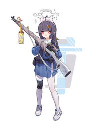  absurdres ammunition_pouch animal_on_weapon belt bird bird_on_weapon black_gloves black_hair blue_archive bolt_action female flashlight full_body gloves gun gun_sling halo highres knee_pads leaf long_hair miniskirt miyu_(blue_archive) pantyhose pouch r1zen rifle school_uniform scope serafuku shoes simple_background single_knee_pad skirt sniper_rifle solo utility_belt weapon white_background white_pantyhose 