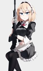  absurdres apron armor assault_rifle black_gloves black_pantyhose black_skirt blonde_hair blue_eyes braid breasts closed_mouth feet_out_of_frame female g36_(girls&#039;_frontline) g36_(mod3)_(girls&#039;_frontline) girls&#039;_frontline gloves gun h&amp;k_g36 highres hinami047 holding holding_gun holding_weapon light_blush looking_at_viewer maid_apron maid_headdress medium_breasts medium_hair navel pantyhose partially_fingerless_gloves plate_armor rifle sitting skirt sleeves_rolled_up solo weapon white_apron white_background 